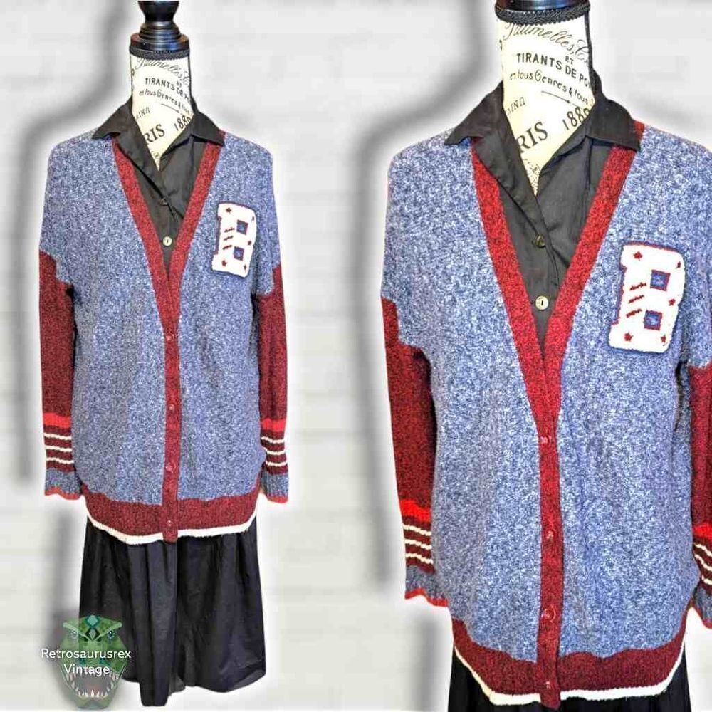 Y2K Retro Preppy Twee Letterman Jacket Style Long cardigan Sweater, Oversized Sm